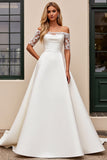 Ivory Satin Off The Shoulder Half Sleeves Sweep Train Wedding Dress with Lace
