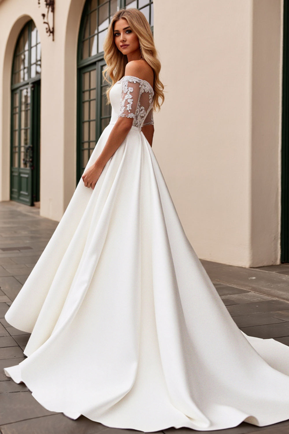 Ivory Satin Off The Shoulder Half Sleeves Sweep Train Wedding Dress with Lace