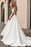 Ivory Satin Off The Shoulder Half Sleeves Sweep Train Wedding Dress with Lace