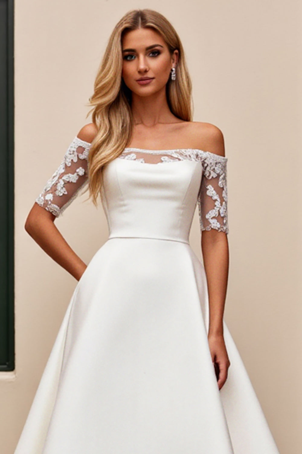 Ivory Satin Off The Shoulder Half Sleeves Sweep Train Wedding Dress with Lace