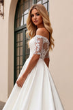 Ivory Satin Off The Shoulder Half Sleeves Sweep Train Wedding Dress with Lace