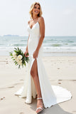 Ivory Satin V Neck Sweep Train Boho Wedding Dress with Slit