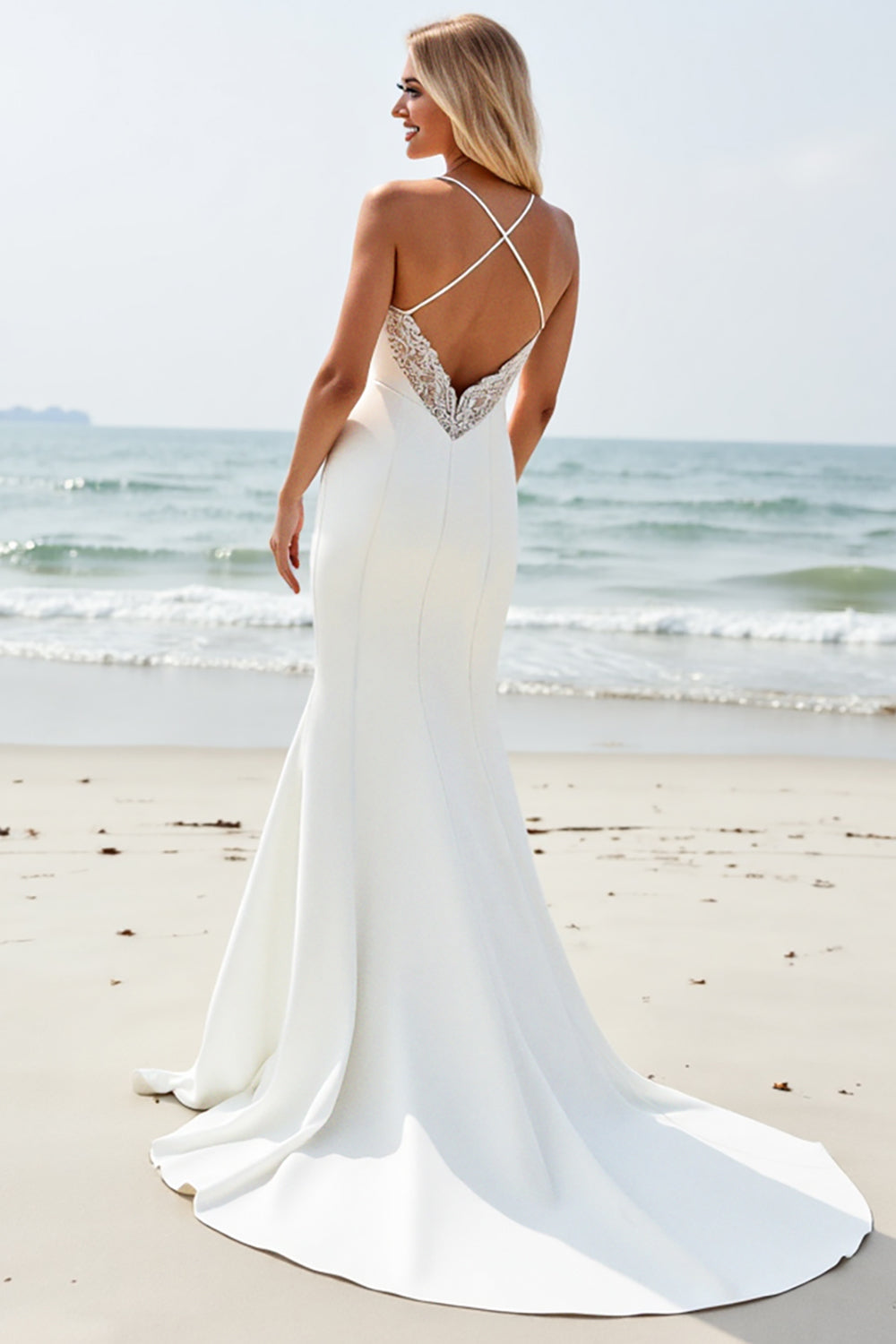 Ivory Satin V Neck Sweep Train Boho Wedding Dress with Slit