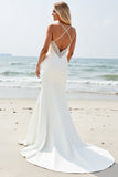 Ivory Satin V Neck Sweep Train Boho Wedding Dress with Slit