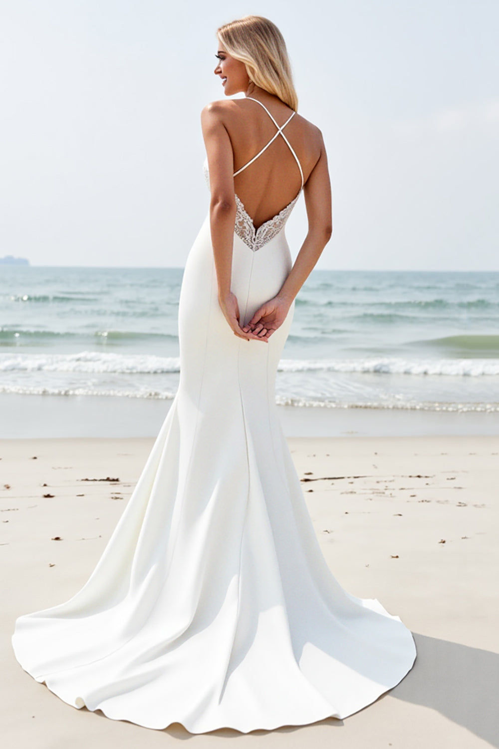 Ivory Satin V Neck Sweep Train Boho Wedding Dress with Slit
