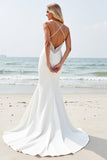 Ivory Satin V Neck Sweep Train Boho Wedding Dress with Slit