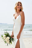 Ivory Satin V Neck Sweep Train Boho Wedding Dress with Slit