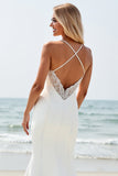 Ivory Satin V Neck Sweep Train Boho Wedding Dress with Slit