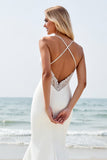 Ivory Satin V Neck Sweep Train Boho Wedding Dress with Slit