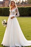 Ivory Corset V Neck Long Sleeves A Line Sweep Train Wedding Dress with Lace