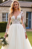 Ivory Corset V Neck Long Sleeves A Line Sweep Train Wedding Dress with Lace