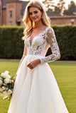 Ivory Corset V Neck Long Sleeves A Line Sweep Train Wedding Dress with Lace