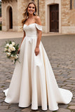 Ivory Satin A Line Sweep Train Off the Shoulder Wedding Dress with Lace