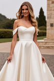 Ivory Satin A Line Sweep Train Off the Shoulder Wedding Dress with Lace