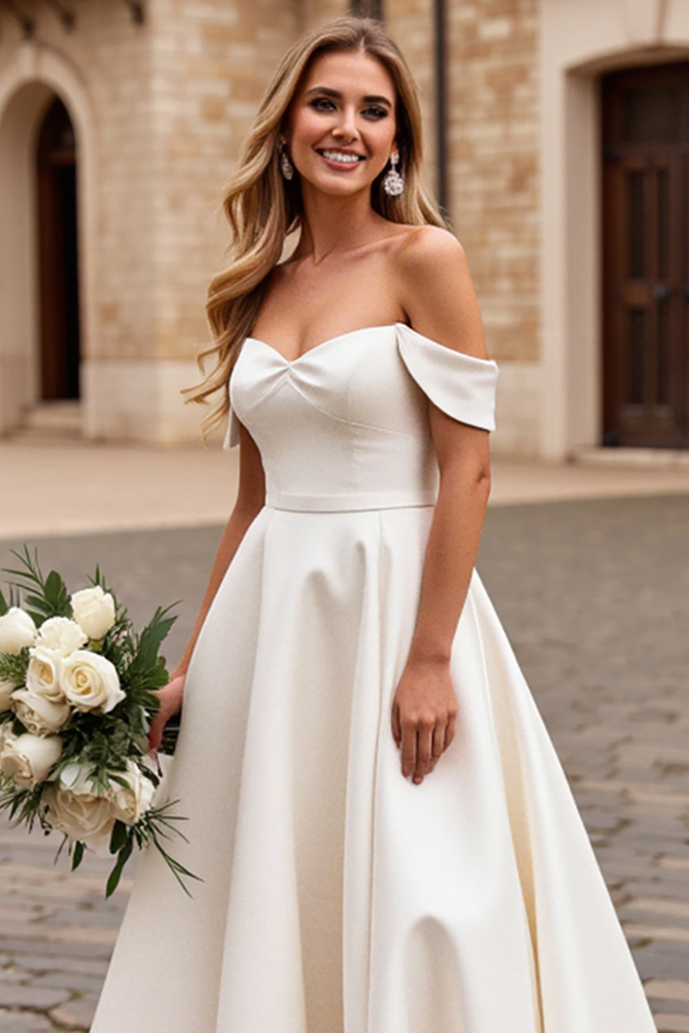Ivory Satin A Line Sweep Train Off the Shoulder Wedding Dress with Lace