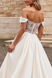 Ivory Satin A Line Sweep Train Off the Shoulder Wedding Dress with Lace