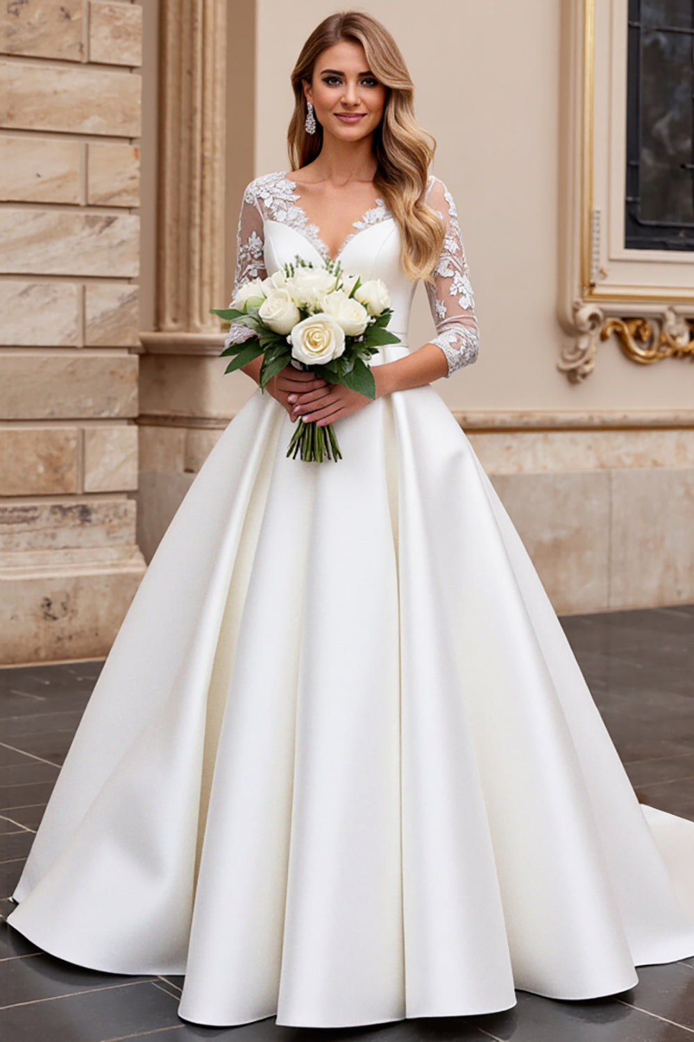 Ivory Satin A Line Long Sleeves Sweep Train Wedding Dress with Lace