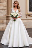 Ivory Satin A Line Long Sleeves Sweep Train Wedding Dress with Lace