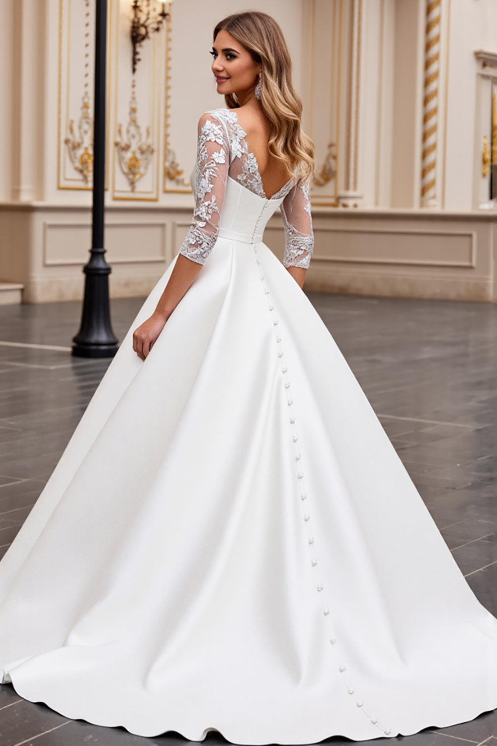 Ivory Satin A Line Long Sleeves Sweep Train Wedding Dress with Lace