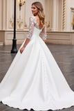 Ivory Satin A Line Long Sleeves Sweep Train Wedding Dress with Lace