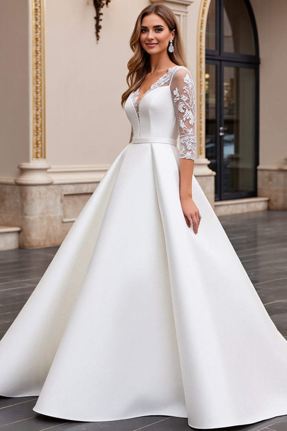 Ivory Satin A Line Long Sleeves Sweep Train Wedding Dress with Lace