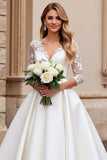 Ivory Satin A Line Long Sleeves Sweep Train Wedding Dress with Lace