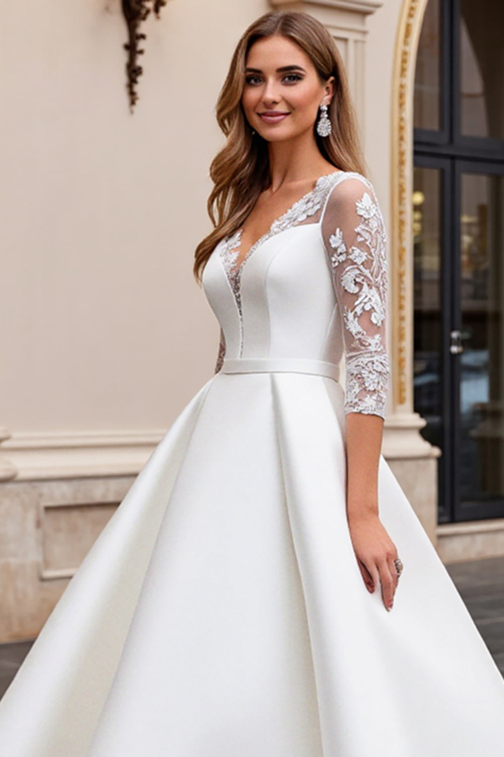 Ivory Satin A Line Long Sleeves Sweep Train Wedding Dress with Lace