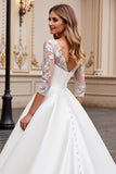 Ivory Satin A Line Long Sleeves Sweep Train Wedding Dress with Lace