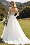 Ivory A Line Illusion Boat Neck Long Sleeves Sweep Train Wedding Dress with Lace
