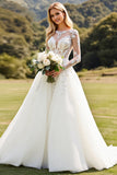 Ivory A Line Illusion Boat Neck Long Sleeves Sweep Train Wedding Dress with Lace