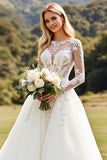 Ivory A Line Illusion Boat Neck Long Sleeves Sweep Train Wedding Dress with Lace