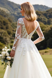 Ivory A Line Illusion Boat Neck Long Sleeves Sweep Train Wedding Dress with Lace