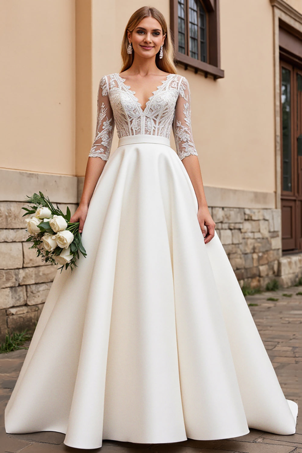 Ivory Satin Ball Gown Half Sleeves Lace Sweep Train Wedding Dress