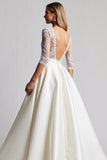 Ivory Satin Ball Gown Half Sleeves Lace Sweep Train Wedding Dress