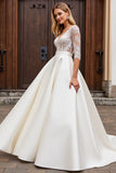 Ivory Satin Ball Gown Half Sleeves Lace Sweep Train Wedding Dress