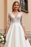 Ivory Satin Ball Gown Half Sleeves Lace Sweep Train Wedding Dress