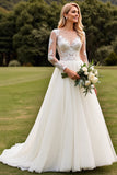 Ivory A Line Illusion Boat Neck Sweep Train Wedding Dress with Lace