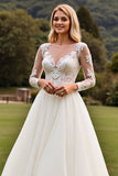 Ivory A Line Illusion Boat Neck Sweep Train Wedding Dress with Lace