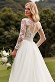 Ivory A Line Illusion Boat Neck Sweep Train Wedding Dress with Lace