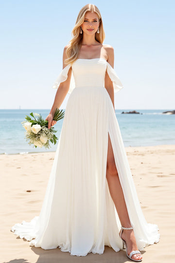 Ivory Chiffon A Line Off the Shoulder Sweep Train Boho Wedding Dress with Slit