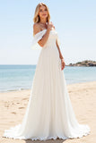 Ivory Chiffon A Line Off the Shoulder Sweep Train Boho Wedding Dress with Slit