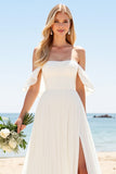 Ivory Chiffon A Line Off the Shoulder Sweep Train Boho Wedding Dress with Slit