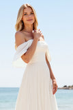 Ivory Chiffon A Line Off the Shoulder Sweep Train Boho Wedding Dress with Slit