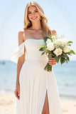 Ivory Chiffon A Line Off the Shoulder Sweep Train Boho Wedding Dress with Slit