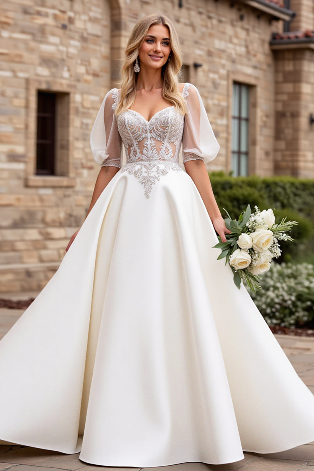 Ivory Satin A Line Sweetheart Floor Length Wedding Dress with Lace