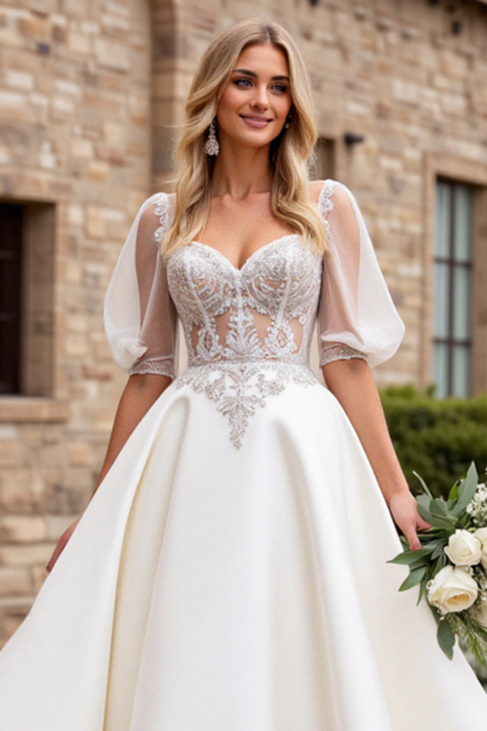 Ivory Satin A Line Sweetheart Floor Length Wedding Dress with Lace