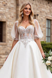 Ivory Satin A Line Sweetheart Floor Length Wedding Dress with Lace