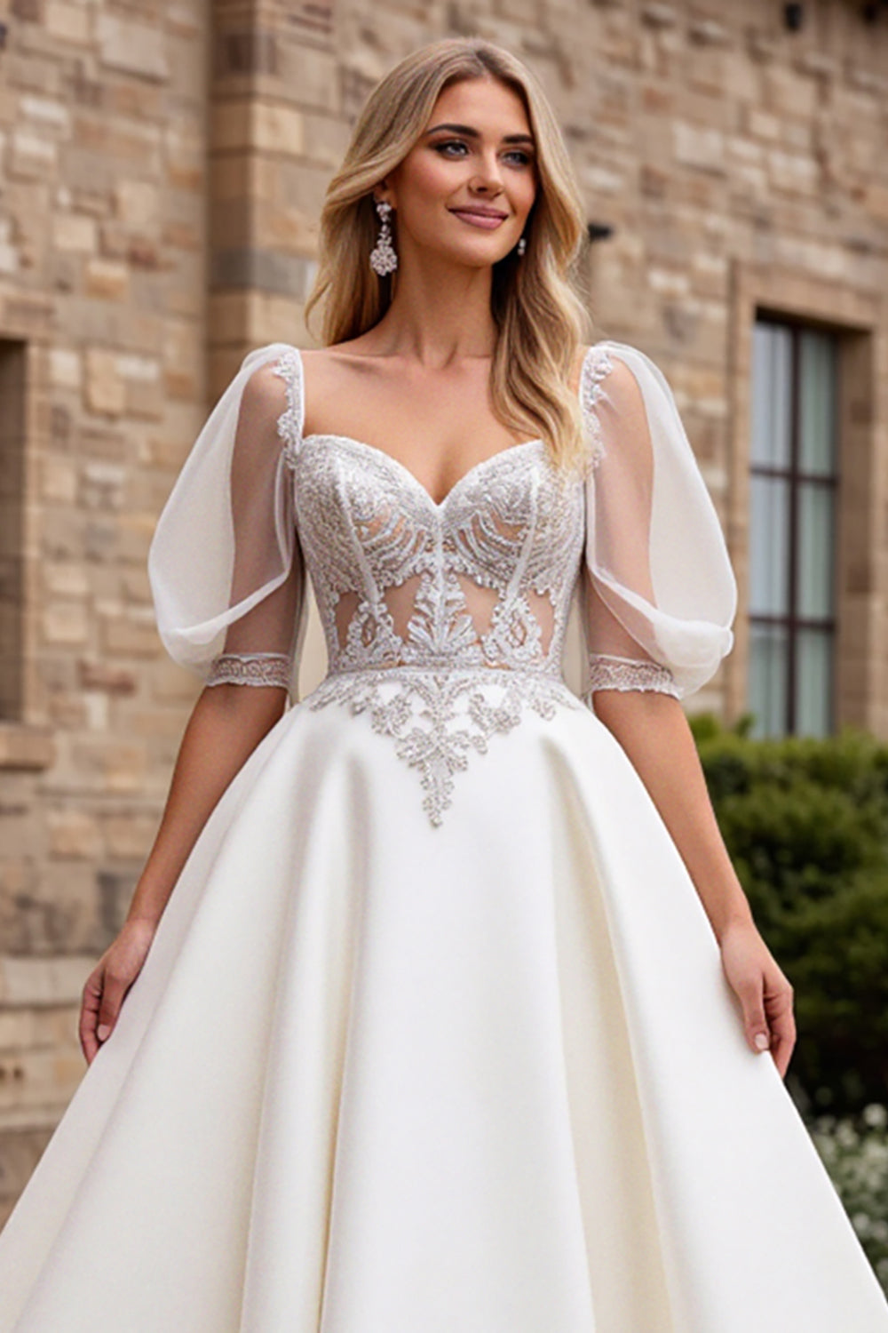 Ivory Satin A Line Sweetheart Floor Length Wedding Dress with Lace
