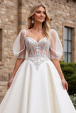 Ivory Satin A Line Sweetheart Floor Length Wedding Dress with Lace