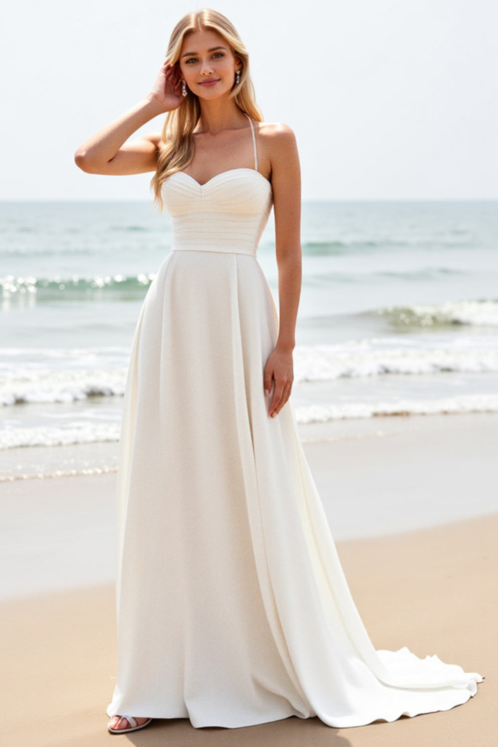 Simple White Satin Sweep Train Spaghetti Straps Boho Wedding Dress